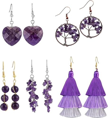 SUNYIK Paquete de 5 aretes colgantes de piedra de cristal para mujer, juego de aretes de cristal hechos a mano para mujer