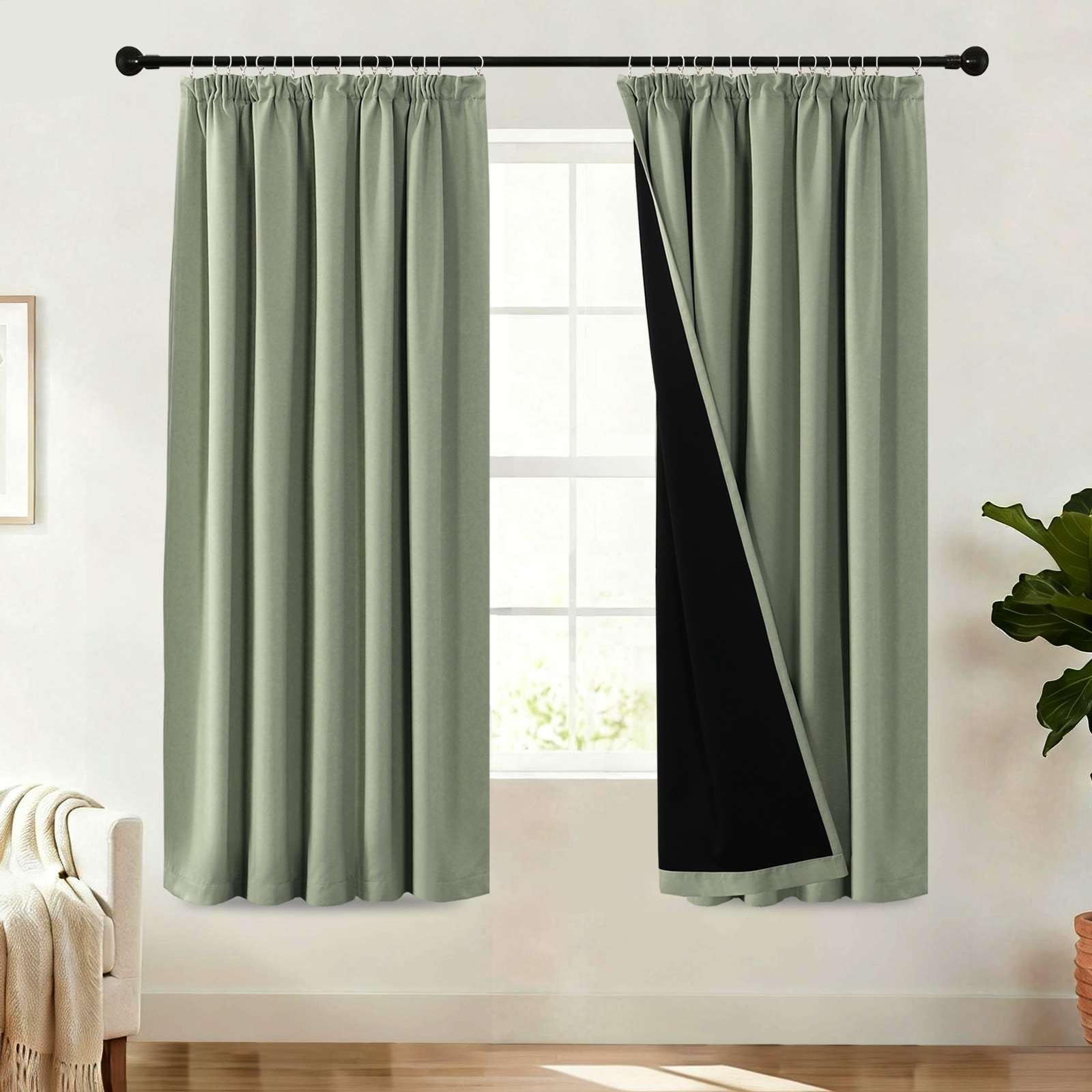 H.Versailtex 100% Blackout Curtains for Room Darkening Privacy Protection, Long Drapes Blackout Darkening Curtain Thermal Insulated Back Tab Rod Pocket, W90 X L72Inch, 2 Panels, Light Sage