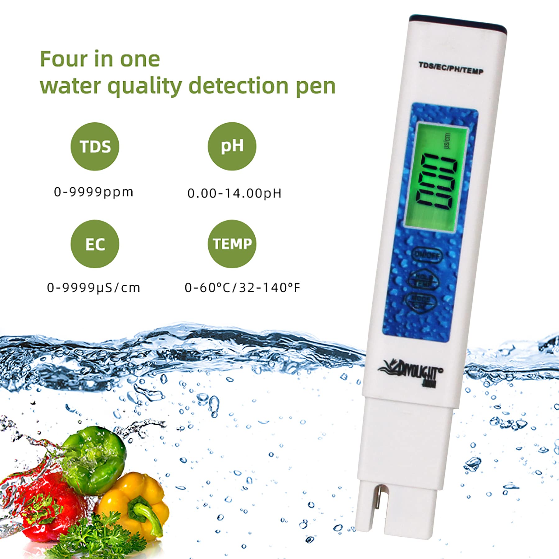 Wassertester, Digitales pH-Messgerät mit ATC, 4 in 1 pH/EC/TDS/Temperaturmessgerät 0,01 Auflösung Hohe Genauigkeit Stifttyp Tester, Wasserqualitätsprüfer für Pools, Trinkwasser, Aquarien