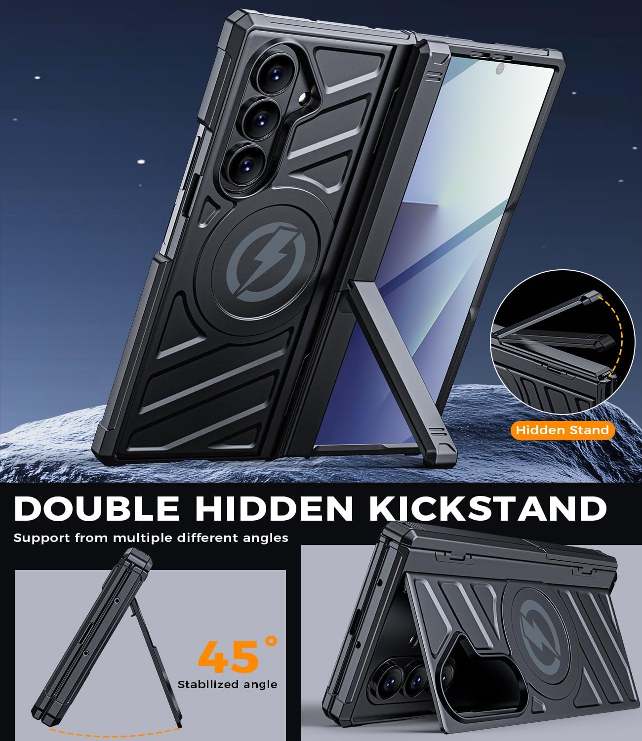 Magnetic for Samsung Z-Fold-7 Case: Heavy Duty Armor Phone Case [Compatible with MagSafe][Hinge Protection][Dual Kickstand] Shockproof TPU+PC Cover for Galaxy zfold 7 5G 2025 Black