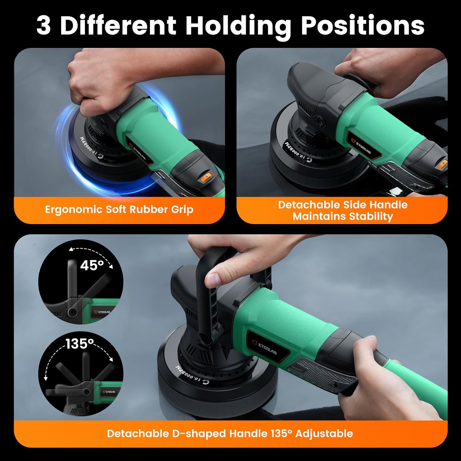 Etoolab polisher with various foam and wool pads for different detailing stages.