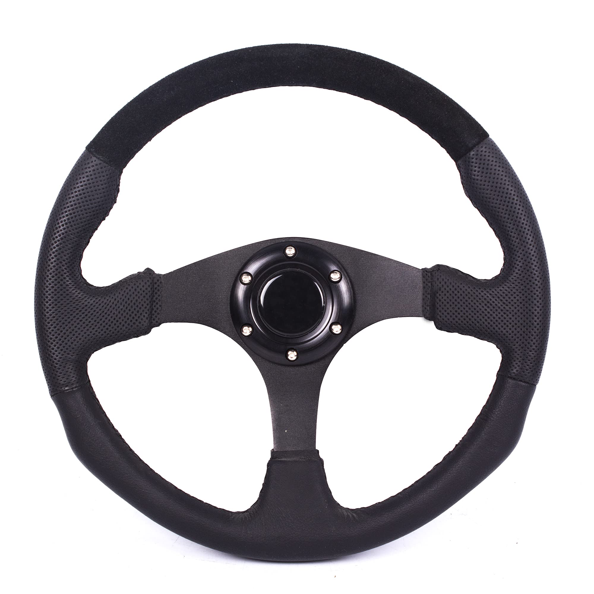 MODAUTO Volante Deportivo Universal, Volante Plano, de Piel y Terciopelo, Diámetro 350mm, Modelo G009, Negro con Costura Negra