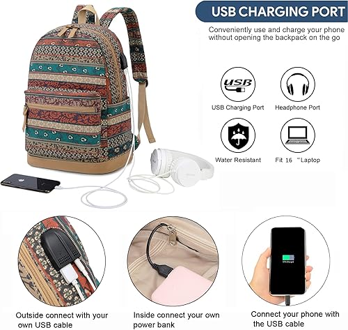 Miniatura 2 de Mochila bohemia impermeable para laptop con puerto de carga USB e interfaz para auriculares, resistente al agua de 15.6 pulgadas, mochila escolar