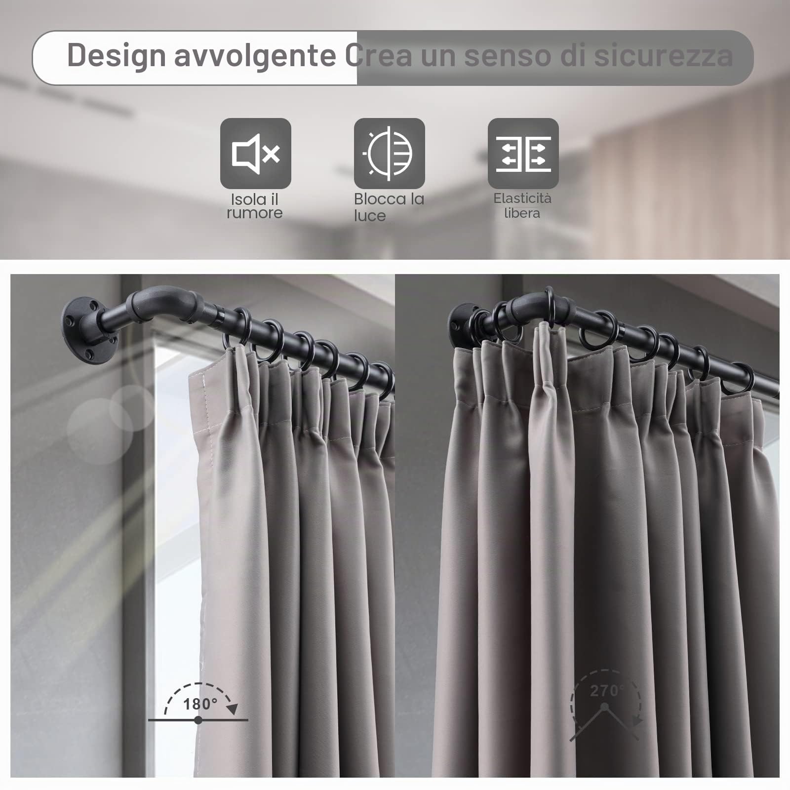 Bastone per tenda industriale estensibile, nero opaco, 81-180 cm, resistente, oscurante, per finestra, montaggio a parete per camera da letto, soggiorno