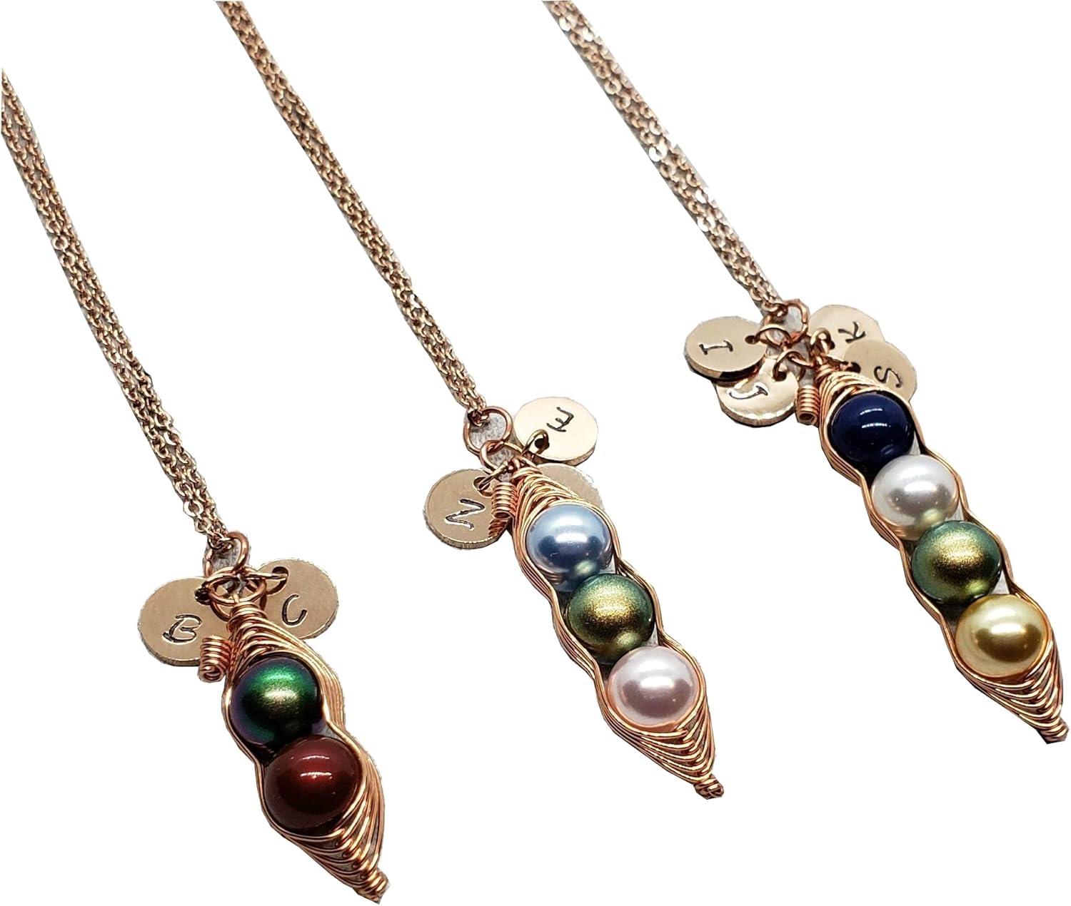 Rose Gold Personalized Peas in a Pod Necklace with Initials, 1, 2, 3, 4 Peas in a Pod Necklace with Initials, Birthstone Pearl Peas in a Pod Necklace