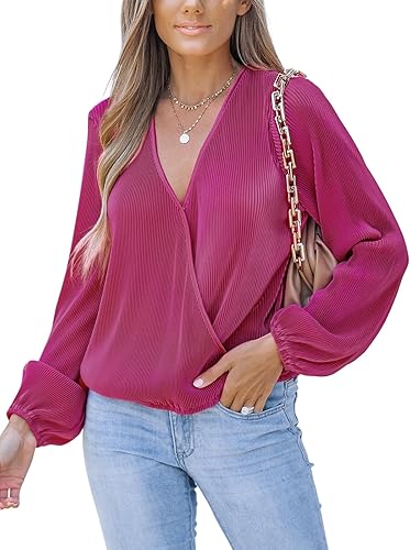 CUPSHE Tops de Terciopelo con Cuello en V Envolvente Elegantes Casuales de Manga Larga Blusas de Trabajo de Negocios Camisas de Ajuste Holgado