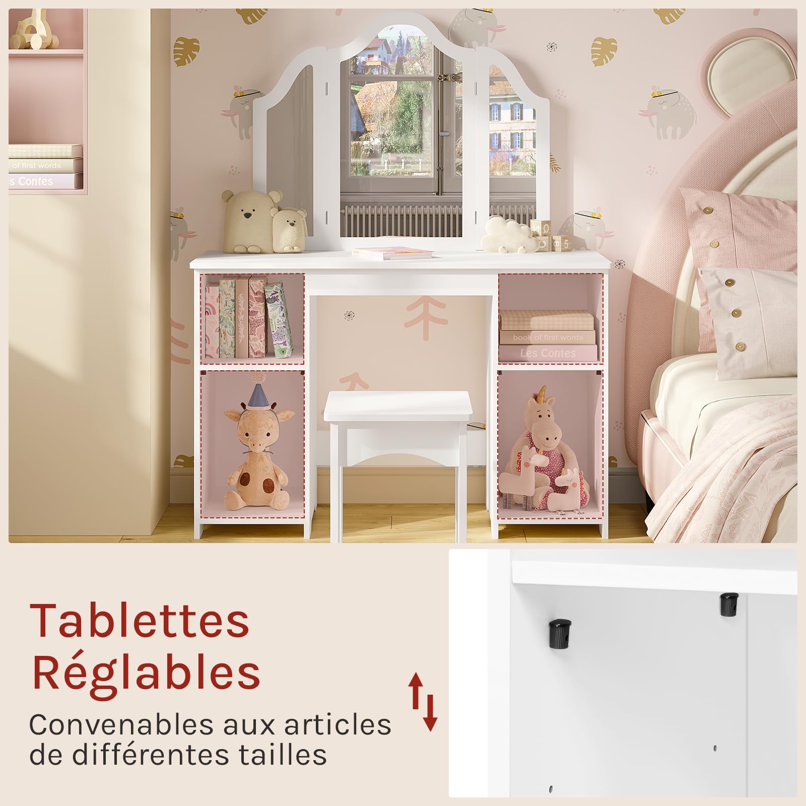 WOLTU Coiffeuse pour Enfants avec Tabouret et Triple Miroir Amovible, Petite Table de Maquillage avec 4 Compartiments Ouverts, Étagères Réglables, pour Fille, Blanc, MDF, MB6120ws