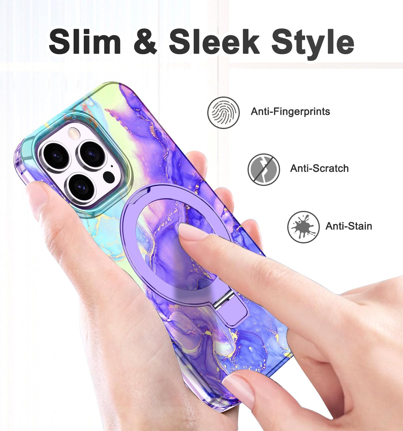 Lamcase for iPhone 15 Pro Case with Magnetic Invisible Ring Stand [Compatible with MagSafe], Full Body Rugged Slim Women Men Girl Shockproof Marble Pattern Design Case, Violet - Image 6