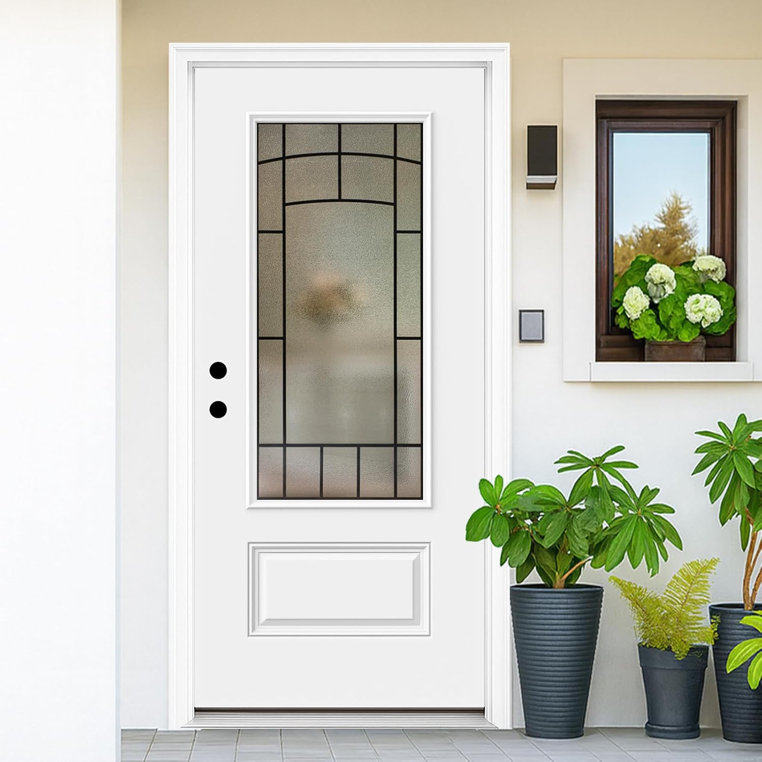 36 x 80 Smooth Fiberglass Entry Door with Brickmould,Prime White,Vinyl Frame,3/4 View Frosted Glass - Classic Style for Home's Front Entrance, Left Hand Inswing Knock-Down Door