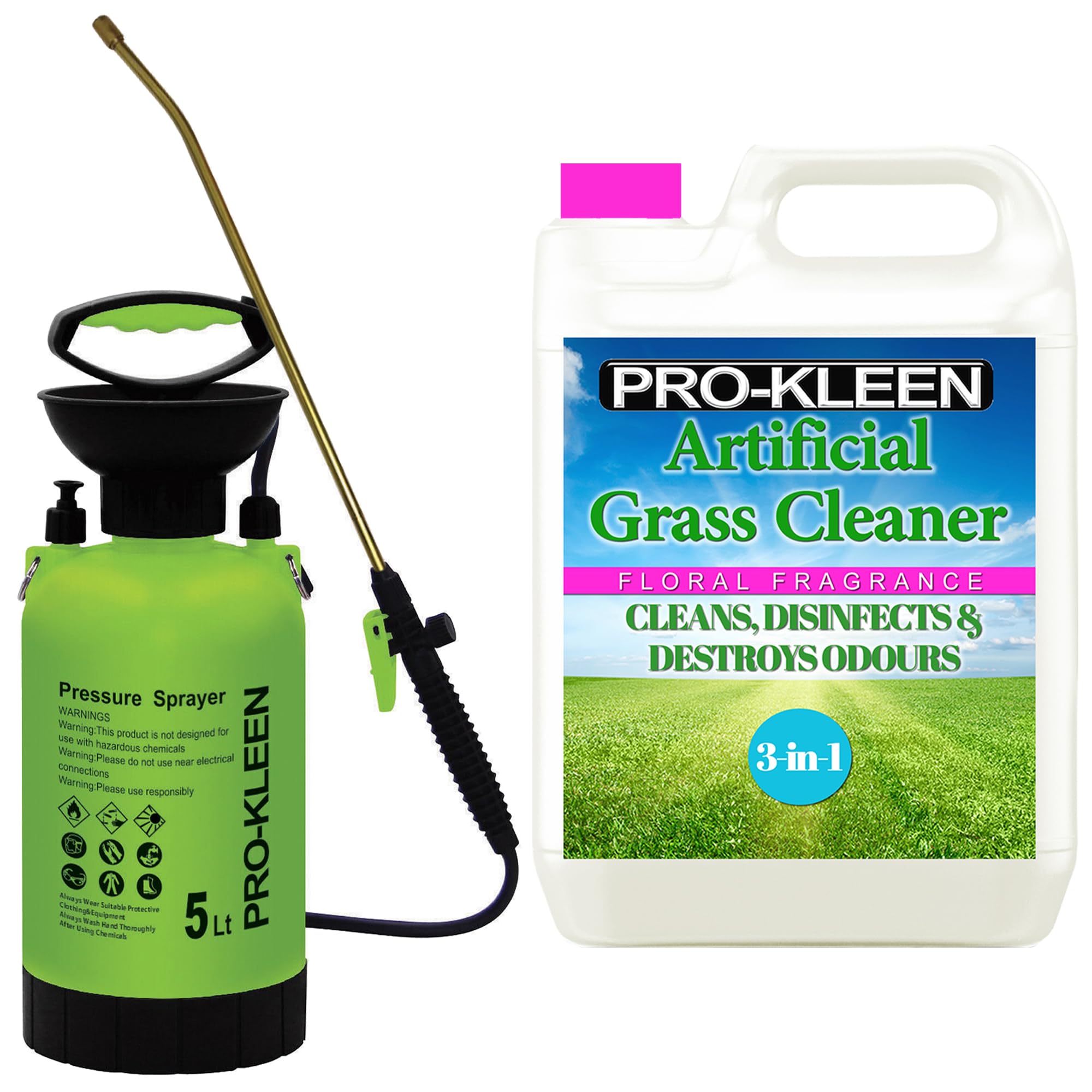 Pro-Kleen Artificial Grass Cleaner 5L With 5Ltr Pump Sprayer - Super Concentrate: Makes 15 Litres - for Homes with Dogs. Cleans, Deodorises and Leaves a Fresh Fragrance (Floral)