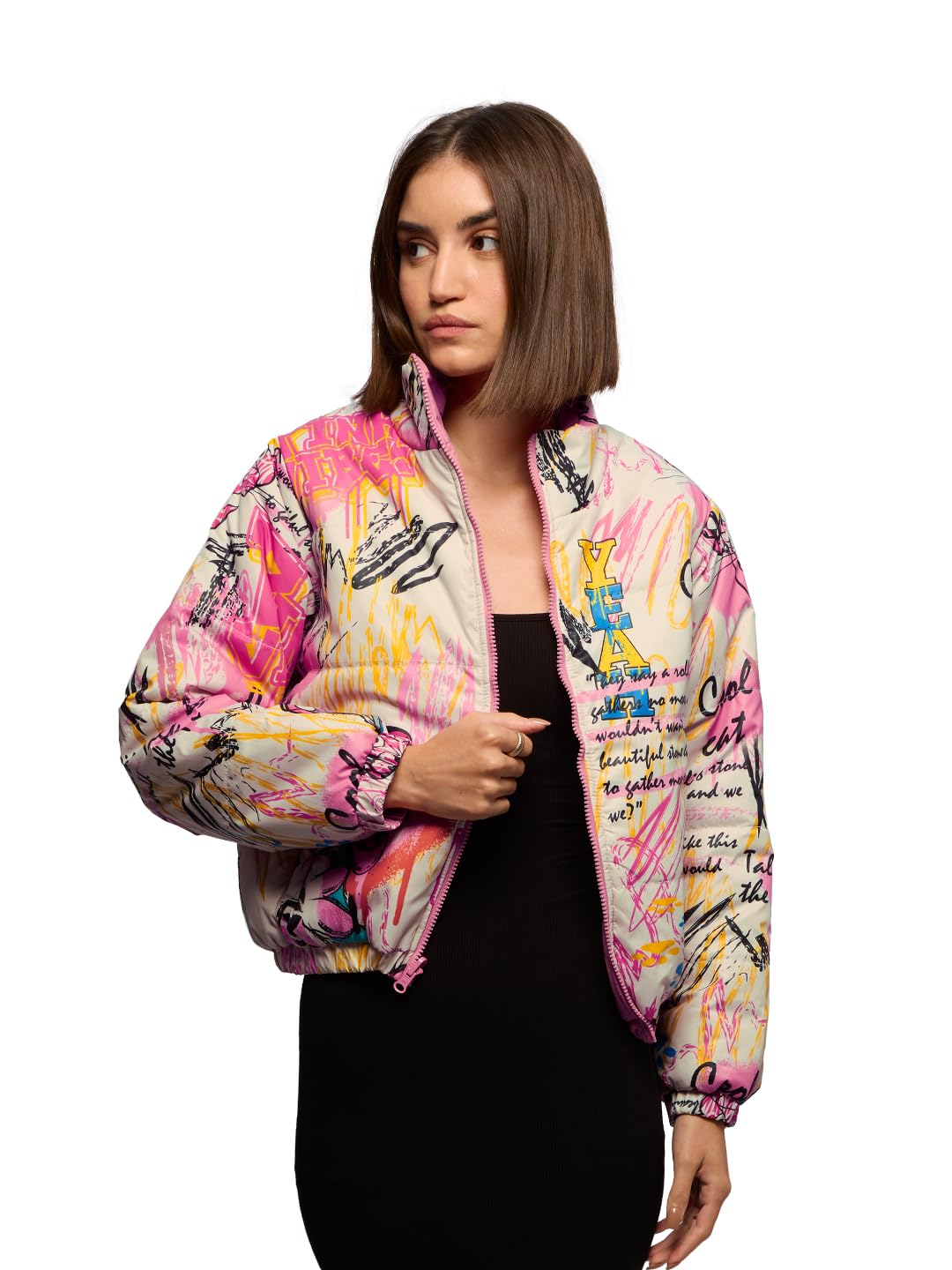 the souled store Pink Panther: Cool Cat Women and Girls Long Sleeves Stand Collar Zipper Front Oversized Reversible Puffer Jackets-picture-10