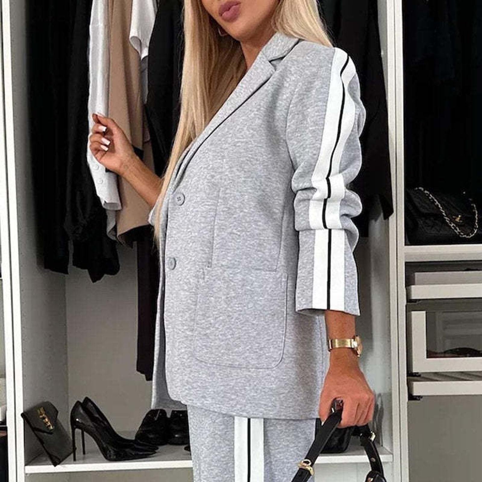 Traje casual de manga larga con solapa para mujer, conjunto de 2 piezas, trajes de negocios, trajes de descanso, blazer y pantalones, trajes elegantes con bolsillos, conjuntos de sudadera de dos