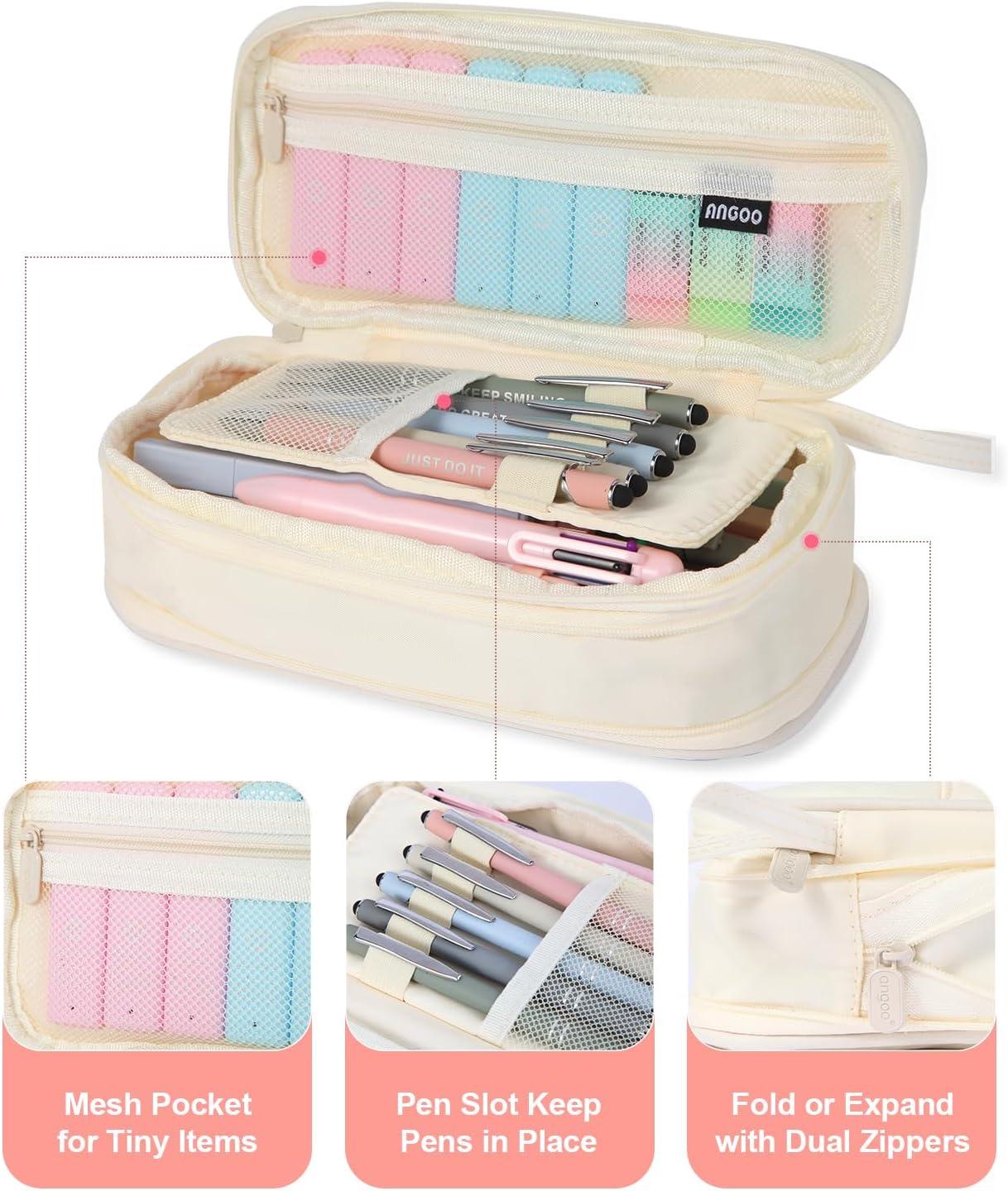 56 PCS Aesthetic School Supplies with Large Pencil Case, 5 Inspirational Ballpoint Pens, 12 Pastel Highlighters, 5 Black Ink Gel Pens, 6 Mechanical Pencils 0.5-0.7mm Student Essentials (Beige)