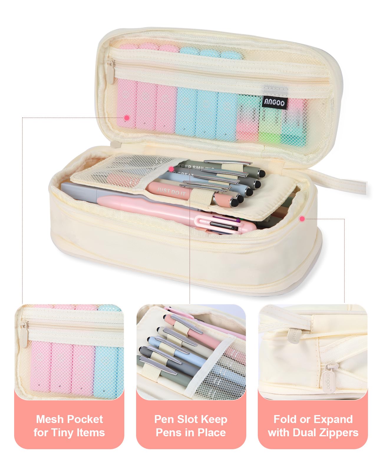 Ästhetisches Schulzubehör mit großem Federmäppchen, 5 inspirierende Kugelschreiber, 12 Pastell-Textmarker, 5 schwarze Gelstifte, 6 Druckbleistifte 0,5–0,7 mm, für Schüler (Beige)