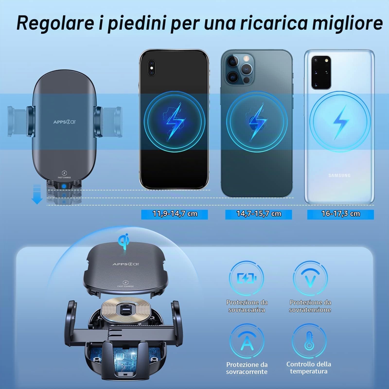 APPS2Car Caricatore Wireless Auto, Supporto Cellulare Auto Wireless Ricarica per Ventosa Parabrezza Presa D'aria, Porta Cellulare Auto per 12/1314/Pro Max/Mini Samsung LG e Altri