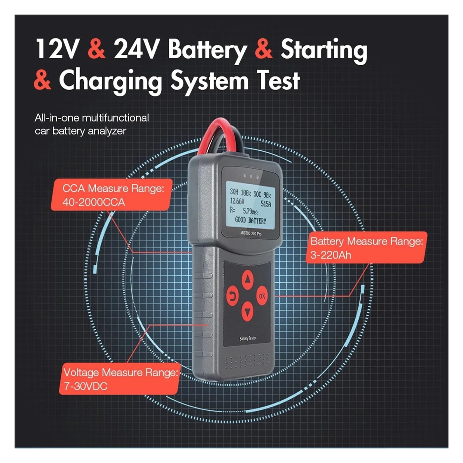 Tester AkumulatoróW Tester Akumulatora Samochodowego 12V 24V 40-2000 CCA Ładowanie Rozruchowe Analizator Akumulatora Motocykla Narzędzia Ze Światłem LED