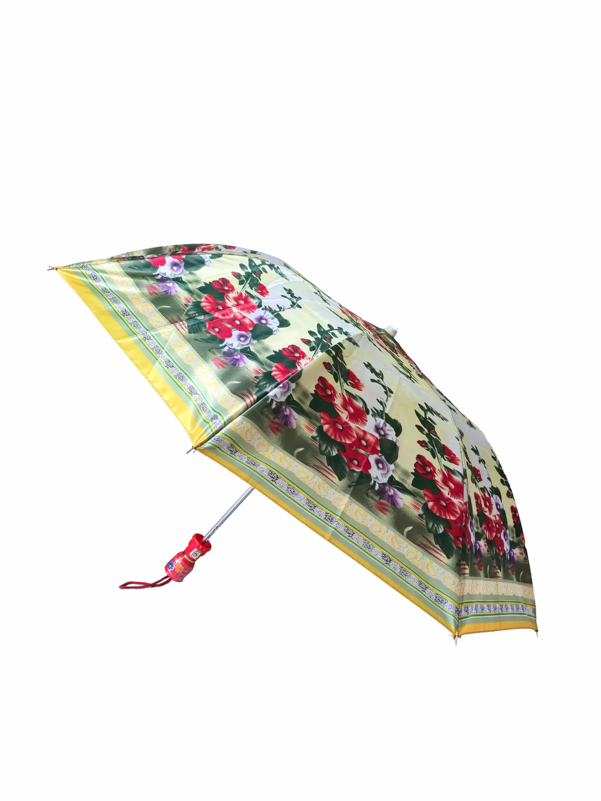 VB 2-Fold Automatic Umbrella, Compact Folding Travel Umbrella with Adorable Print, Automatic Open, UV safe, Lightweight & Windproof Umbrellas for Women, Girls (WHITE RED FLOWER)-image-1