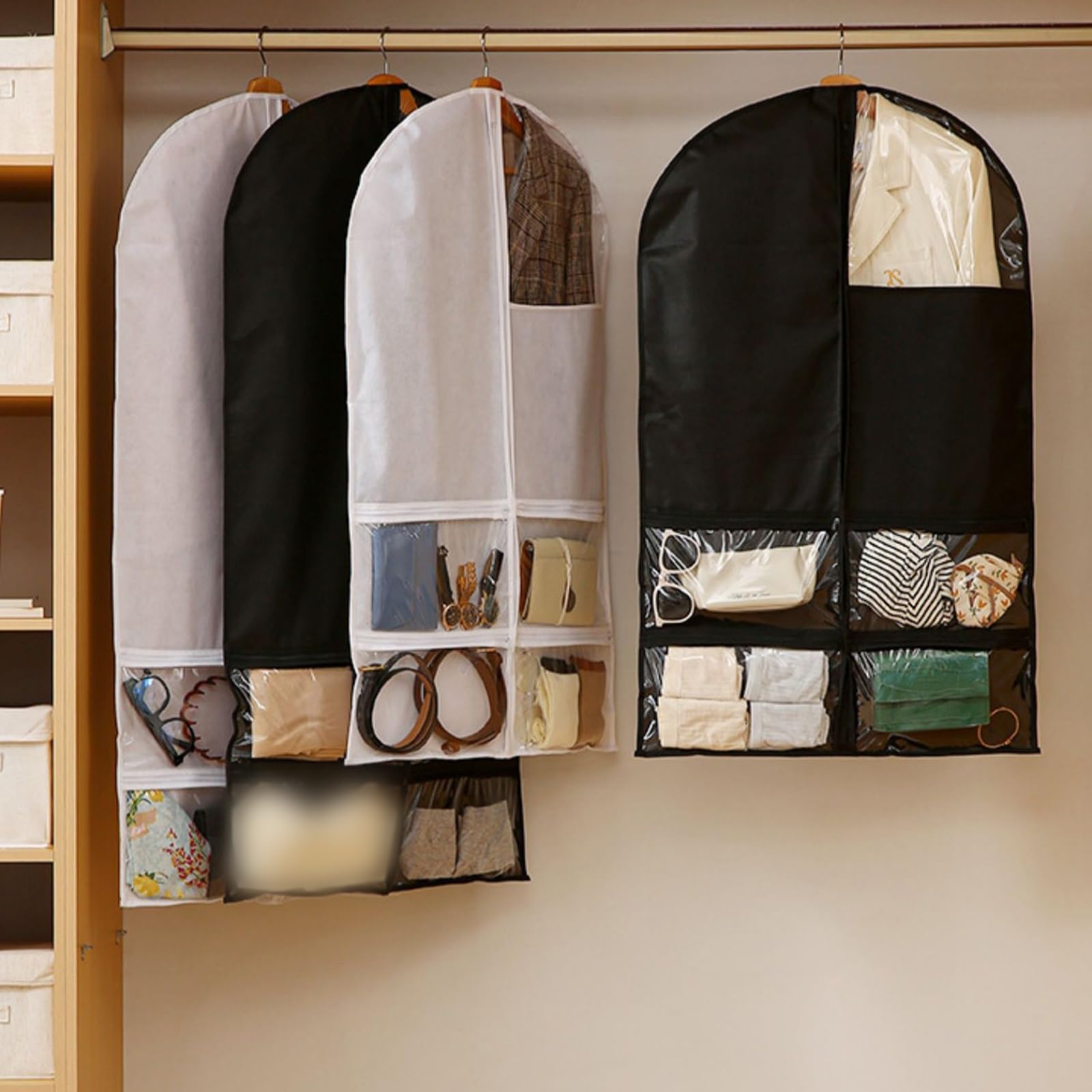 Bolsas para Ropa de Viaje y Almacenamiento, Fundas Protectoras para Ropa, con 4 Bolsillos Transparentes, para Ropa, Trajes, Vestidos, Camisas y Abrigos (Negro, 120 cm 47 Pulgadas)