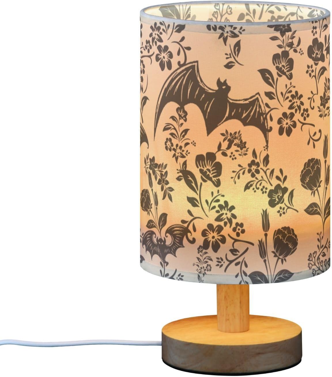 Gothic Bat Small Table Lamp for Bedroom Bedside Night Round Fabric Linen Shade Wood Base with USB for Kids Room Living Room College Dorm Home Office
