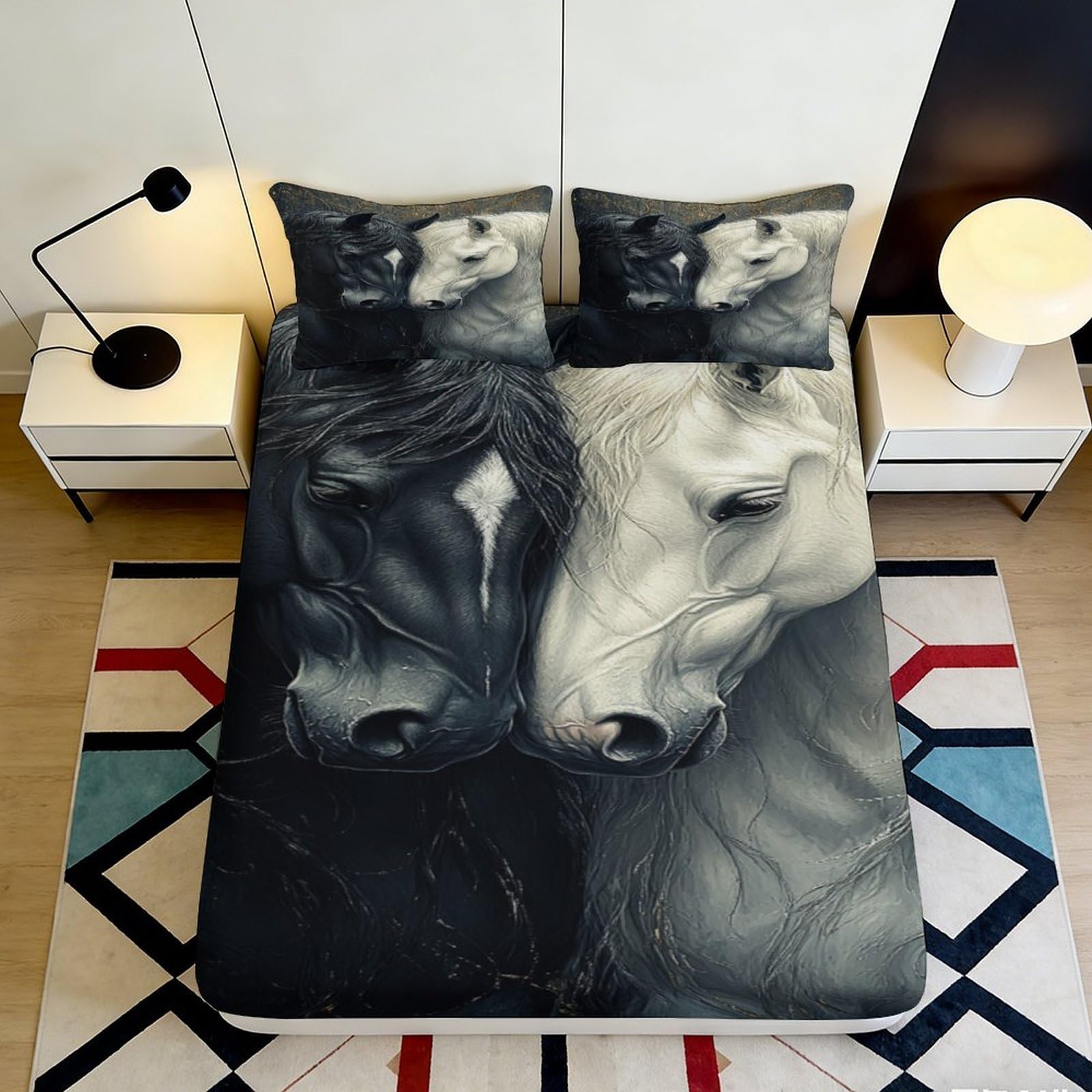 Kzqnxhjprl Style-9 3D Printed Black Horse Fitted Sheet Microfiber Soft White Horse Mattress Cover Bedroom Decor Protection 90X200x25cm