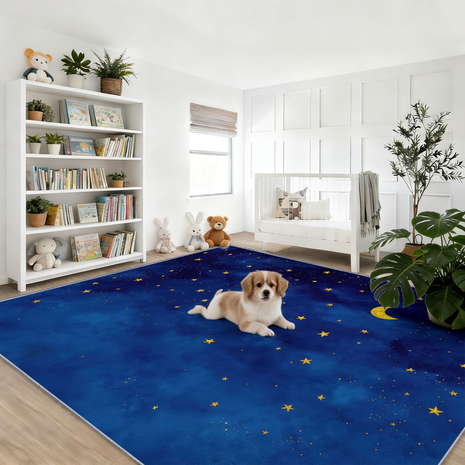 Adapté aux Enfants et Animaux : Tapis de Chambre Aquarelle Minimaliste Lune Étoiles Lavable 90 x 150 cm Tapis de Sol en Flanelle Doux et Antidérapant Facile à Nettoyer pour Bureau et Couloir Bleu