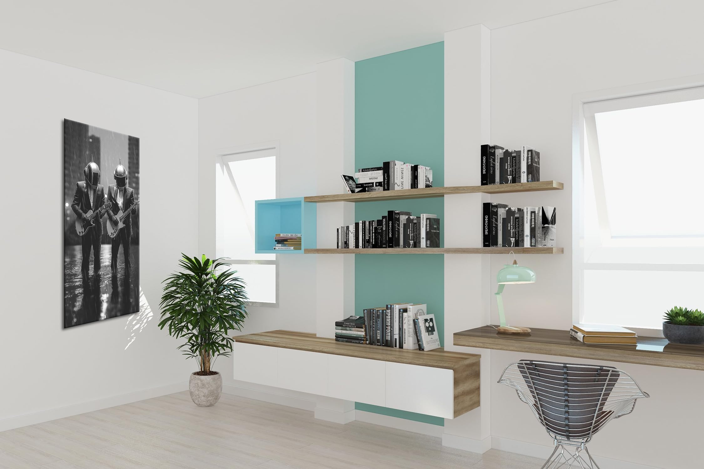 Musicisti futuristici – Eleganza ed elettronica sotto la pioggia. Panorama 120 x 60 cm effetto: bianco e nero XXL stampa artistica su cornice di legno/tela/parete parete parete decorazione soggiorno