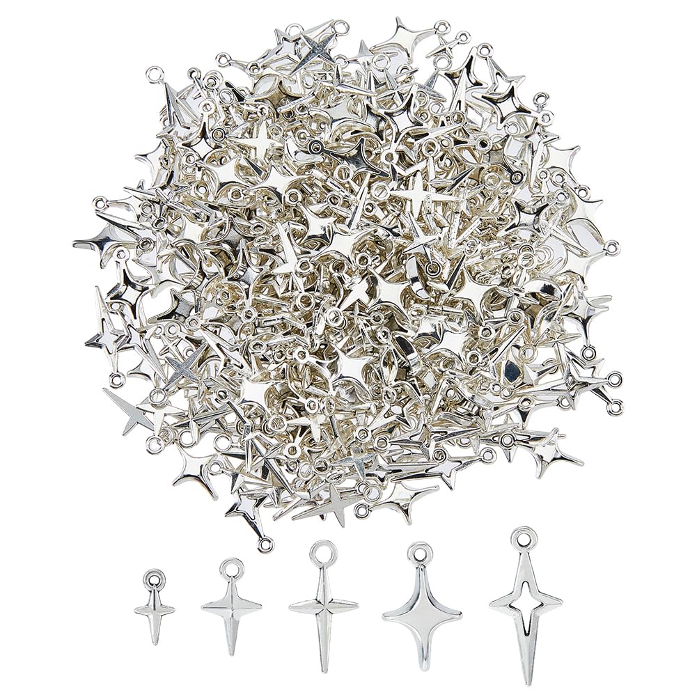 SUPERFINDINGS 200Pcs 5Styles Silver Star Charm North Star Charm Tibetan Style Alloy Pendants Bulk Hollow Point Pendants for DIY Craft Necklace Pendant Keychain