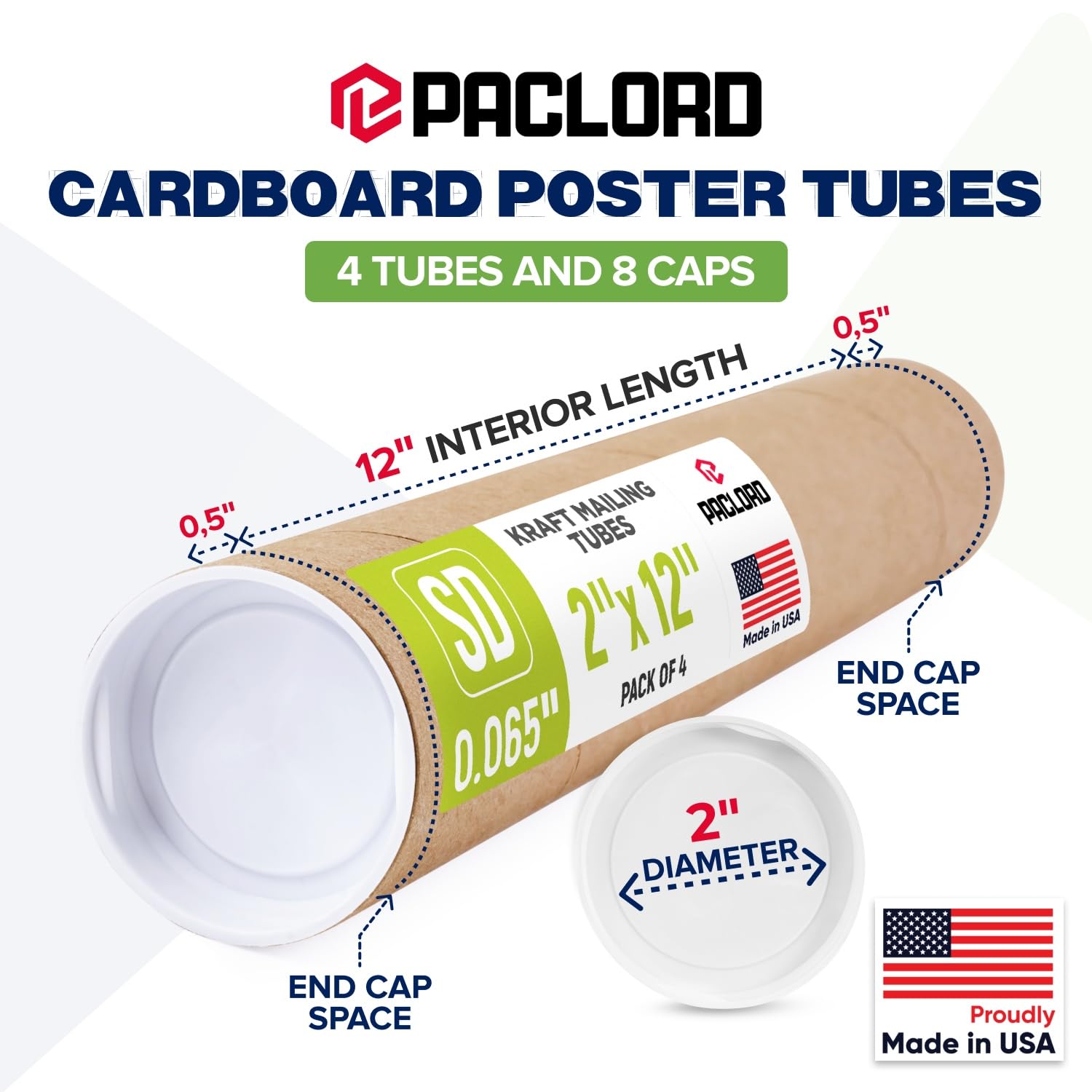 Tubos de correo de papel kraft reforzados de 2 x 12 pulgadas, paquete de 4 tubos con 2 tapas cada uno, tubo de póster aprobado por USPS, tubo de cartón fabricado en Estados Unidos para enviar y