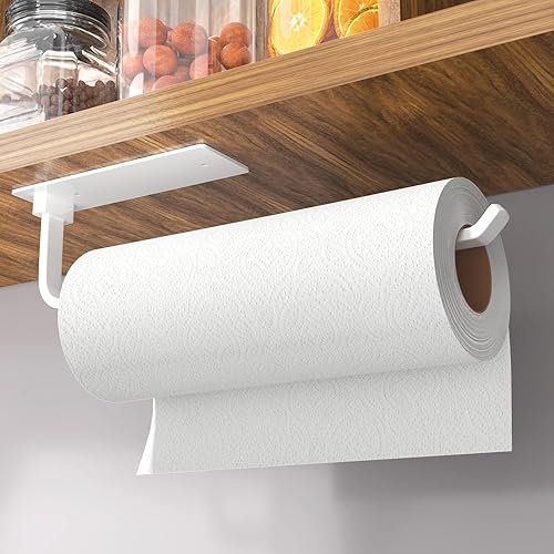 Soporte para toallas de papel - Autoadhesivo o con perforación, blanco, dispensador de rollos de cocina de aluminio mejorado debajo del gabinete,