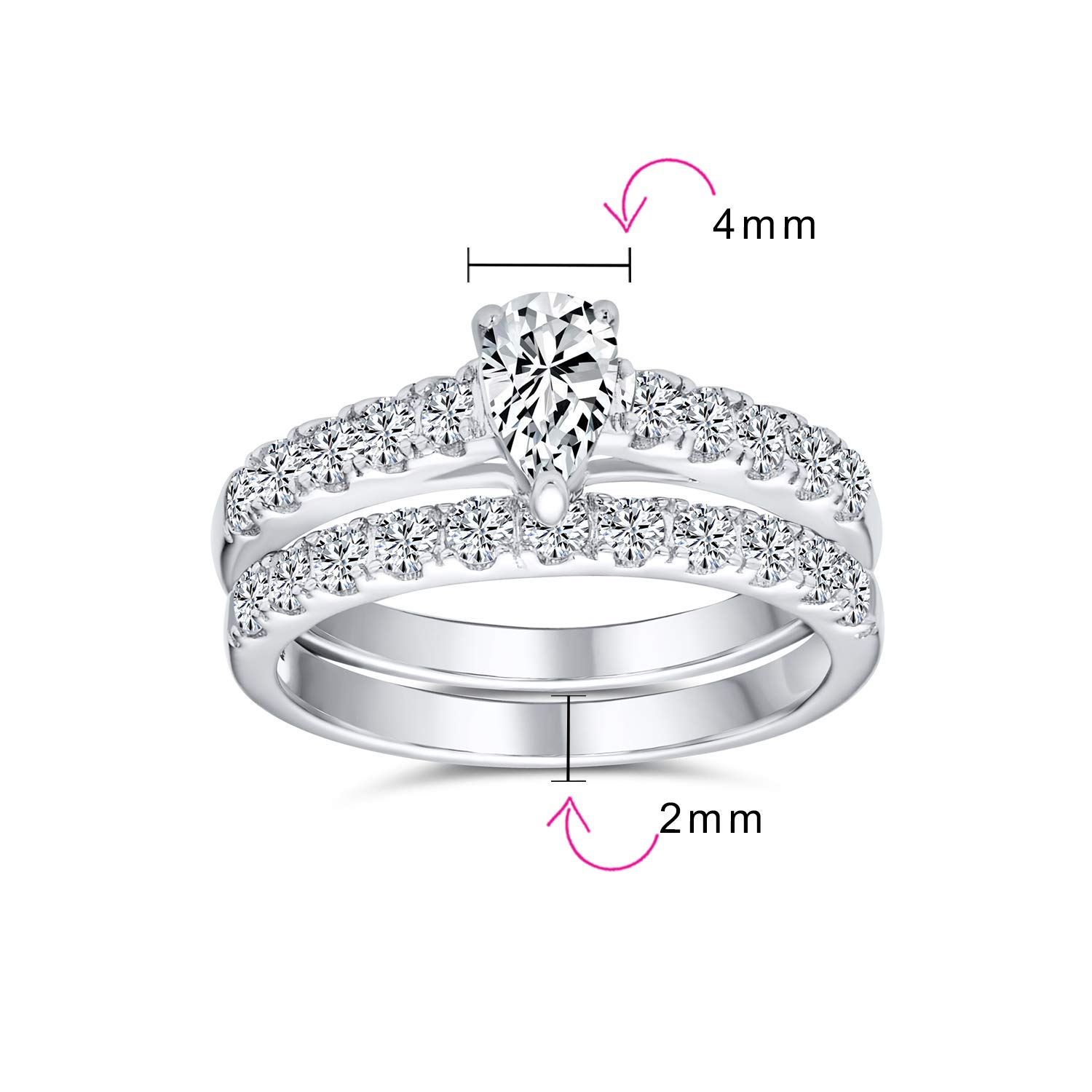 Personalizza Tradizionale 1CT Pera Zircone Cubico a Goccia o Rotondo Solitario Fede Sottile con Pavé AAA CZ Set di Anelli Anniversario Fidanzamento Matrimonio per Donna .925 Argento Sterling