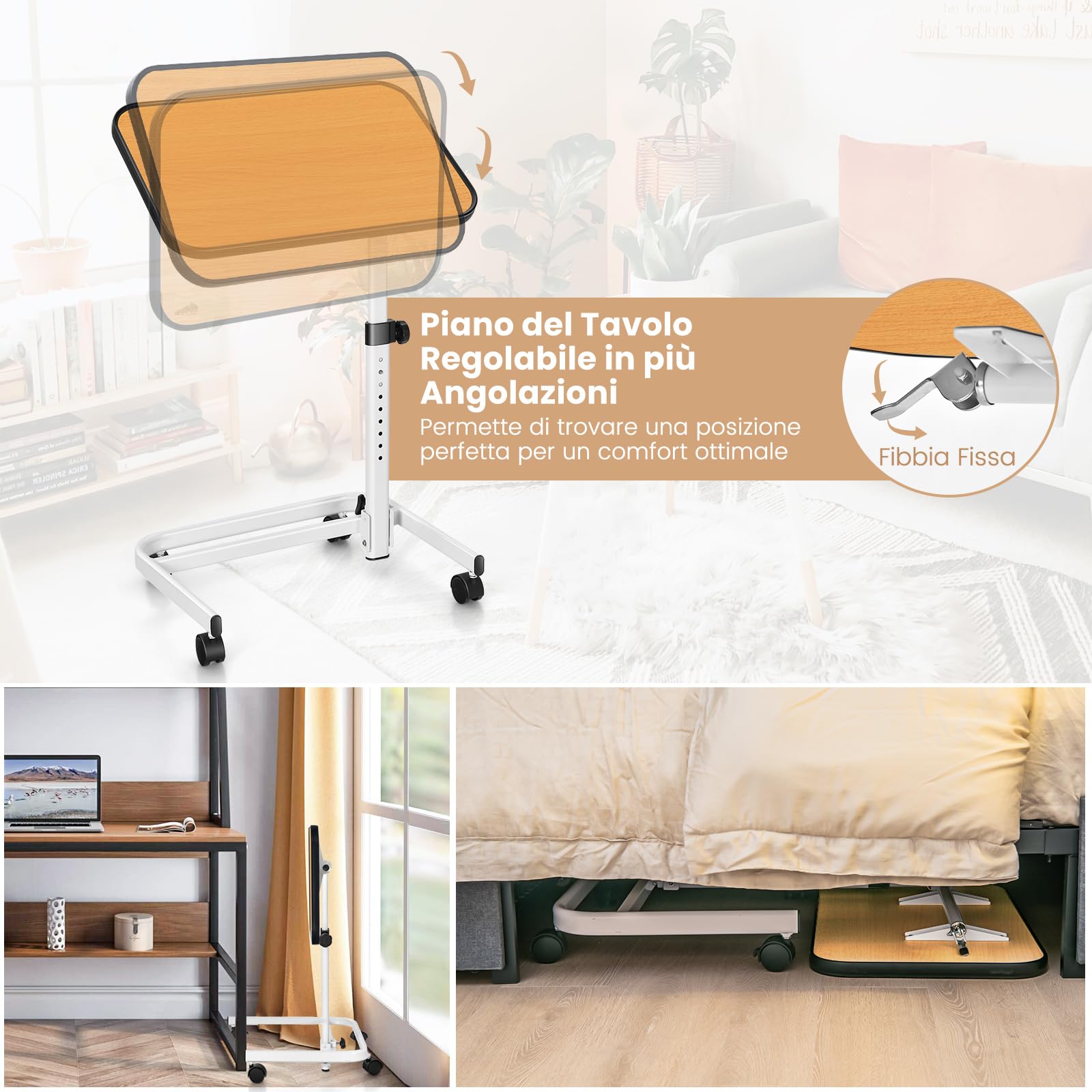 COSTWAY Tavolino da Letto e Divano con Ruote Bloccabili, Tavolino Porta PC con Altezza Regolabile in 9 Posizioni e Piano Inclinabile, Tavolino Servitore Letto per Mangiare e Lavorare (Legno)