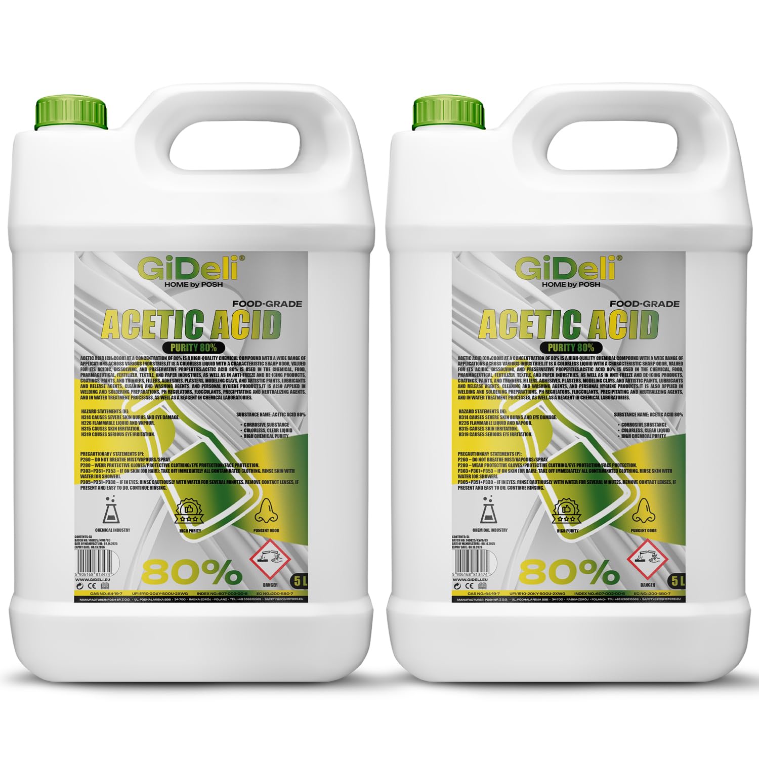 GiDeli Ácido acético 80% 2 x 5 l – Strong Vinegar for Cleaning – para limpieza eficaz, descalcificación y uso doméstico – Eliminación de olores y conservación de alimentos