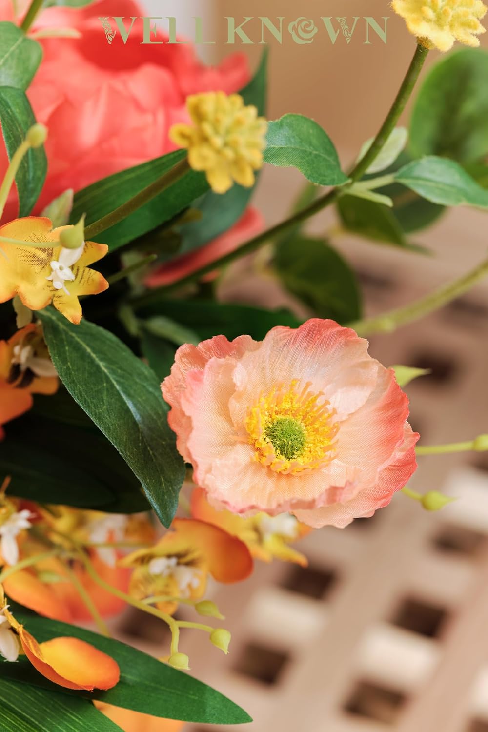 WELL KNOWN Artificial Flowers Arrangement Orange & Pink Silk Peony Bouquet with Vase, Fake Wild Flowers Bouquet for Home Office Living Room Wedding Party Dinning Table Spring & Summer Decor & Gift - Image 5