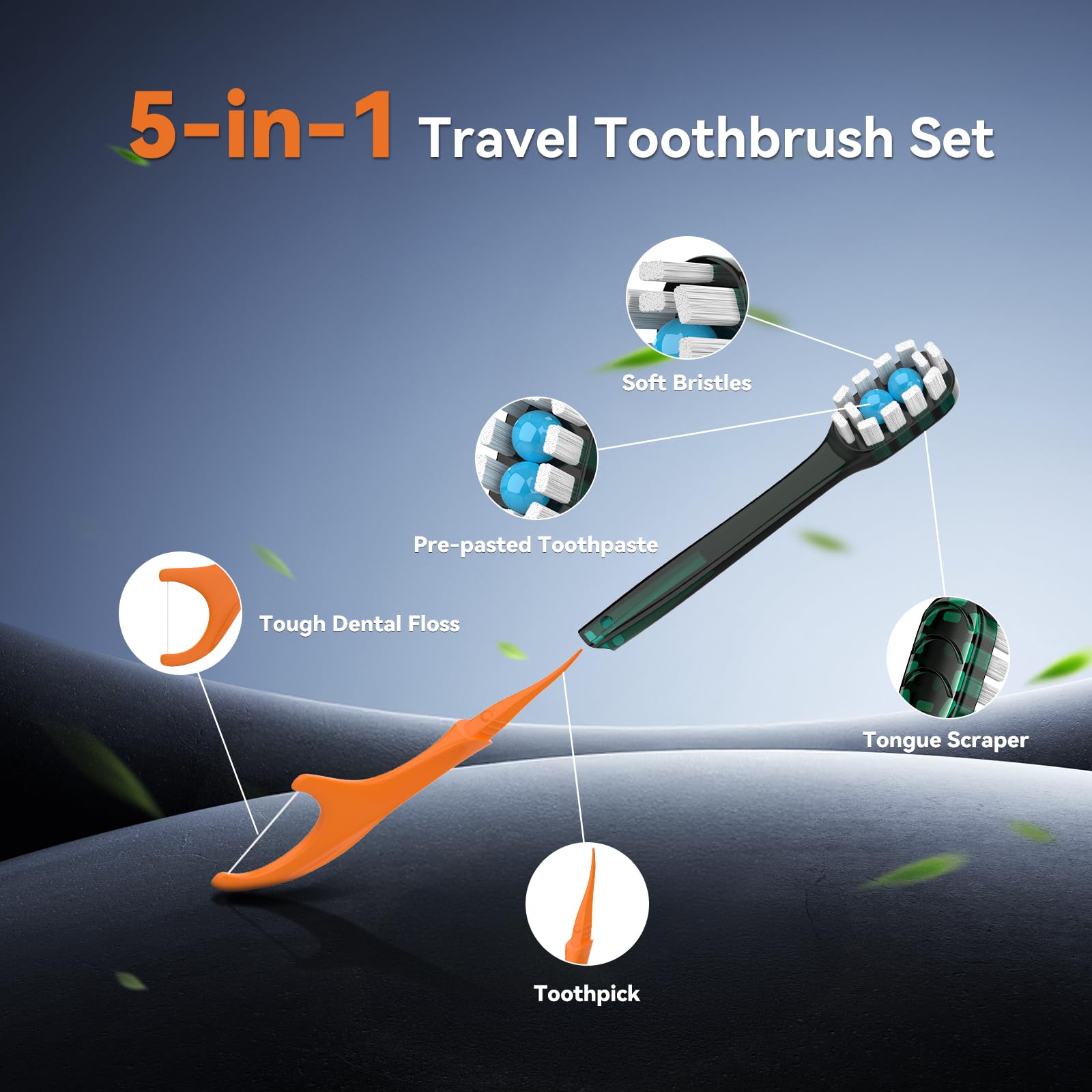 YUNCHI 12 sztuk mini szczoteczki do zębów 5 w 1 To Go, jednorazowe szczoteczki do zębów z pastą do zębów | wykałaczka | skrobak do języka | nić dentystyczna, przenośna podróżna szczoteczka do zębów