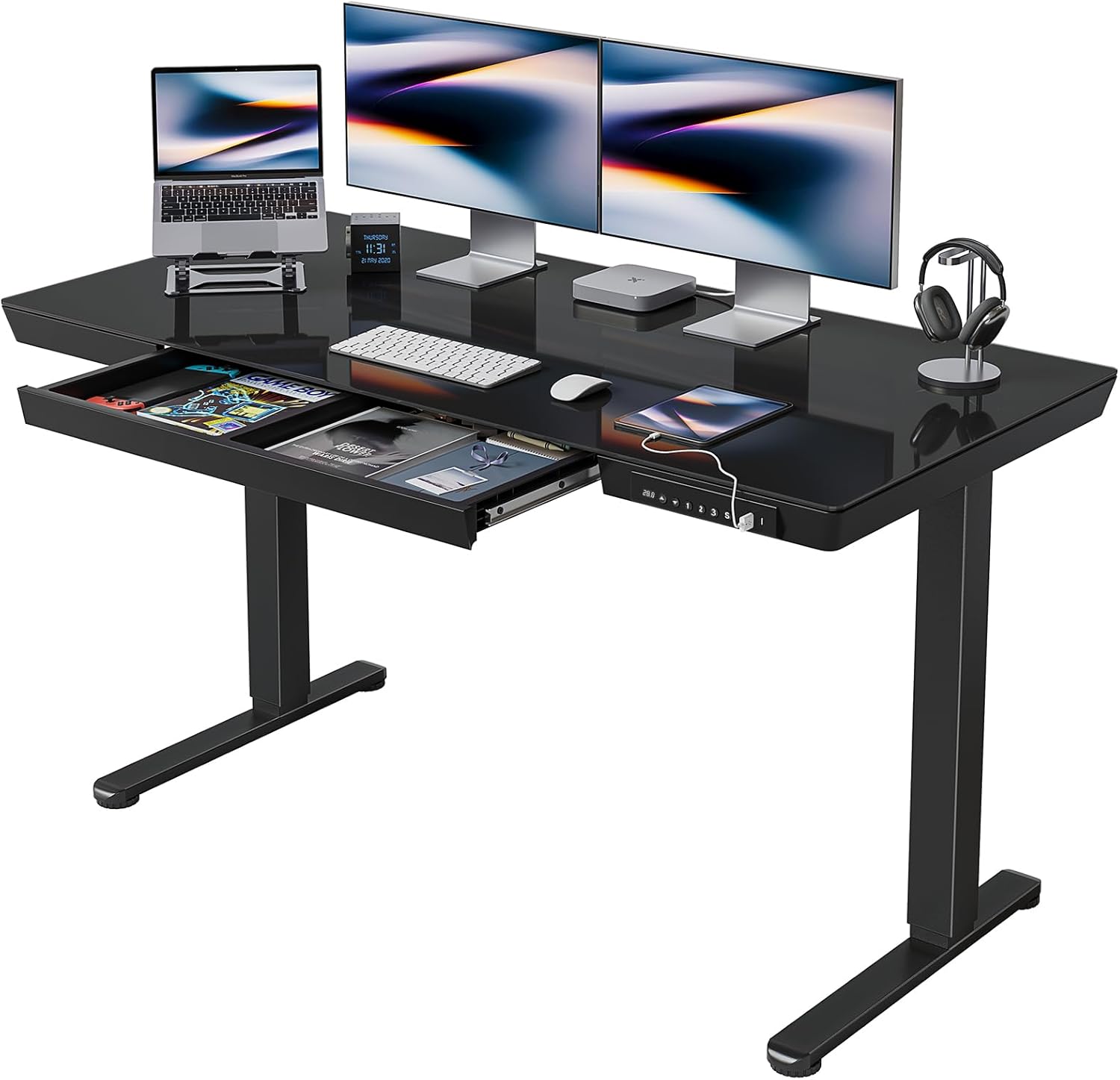 FEZIBO 55 × 24 Electric Standing Desk with Drawers, Whole-Piece Glass Adjustable Height Desk, One-Piece Quick Install Adjustable Sit Stand Desk, Black