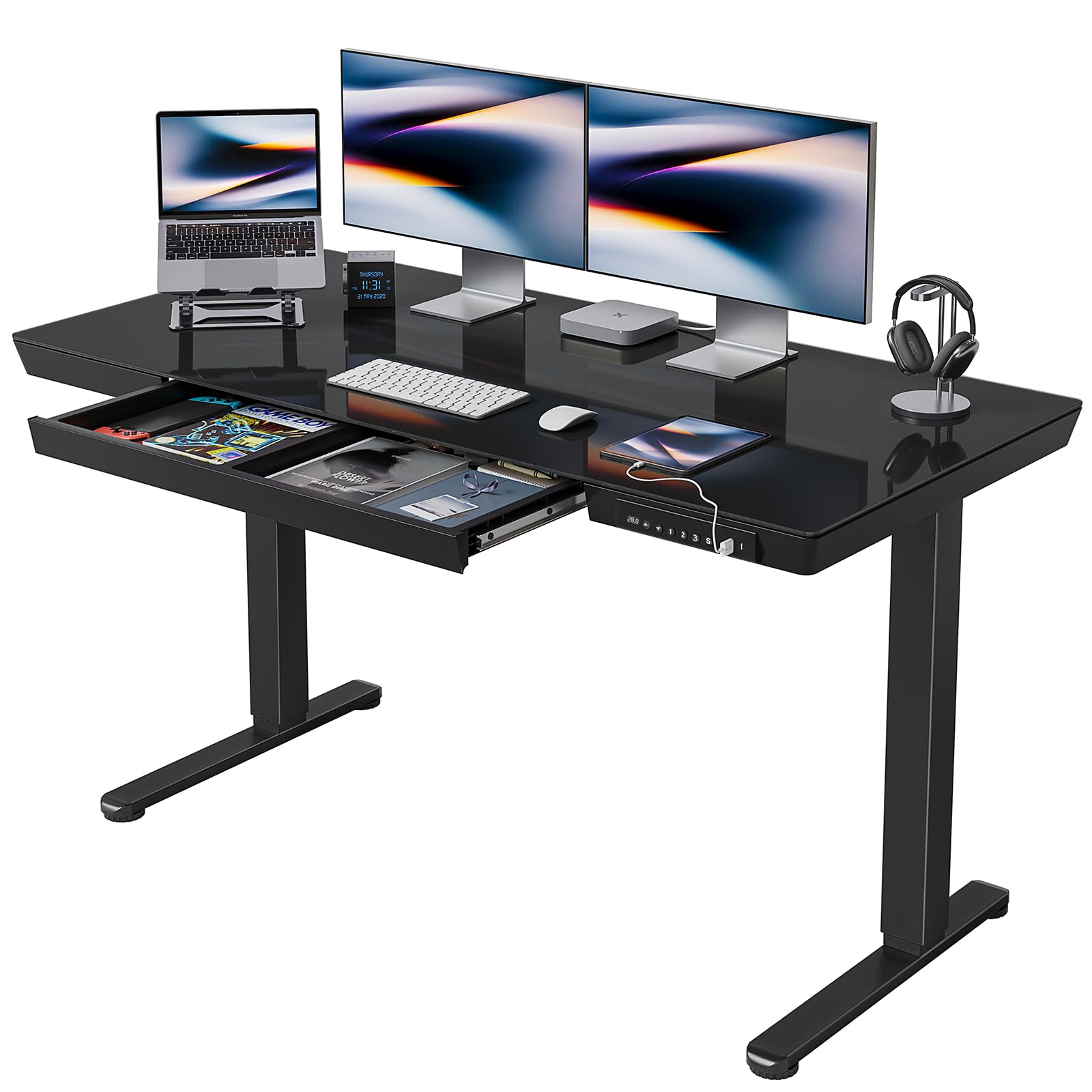 FEZIBO 55 × 24 Electric Standing Desk with Drawers, Whole-Piece Glass Adjustable Height Desk, One-Piece Quick Install Adjustable Sit Stand Desk, Black