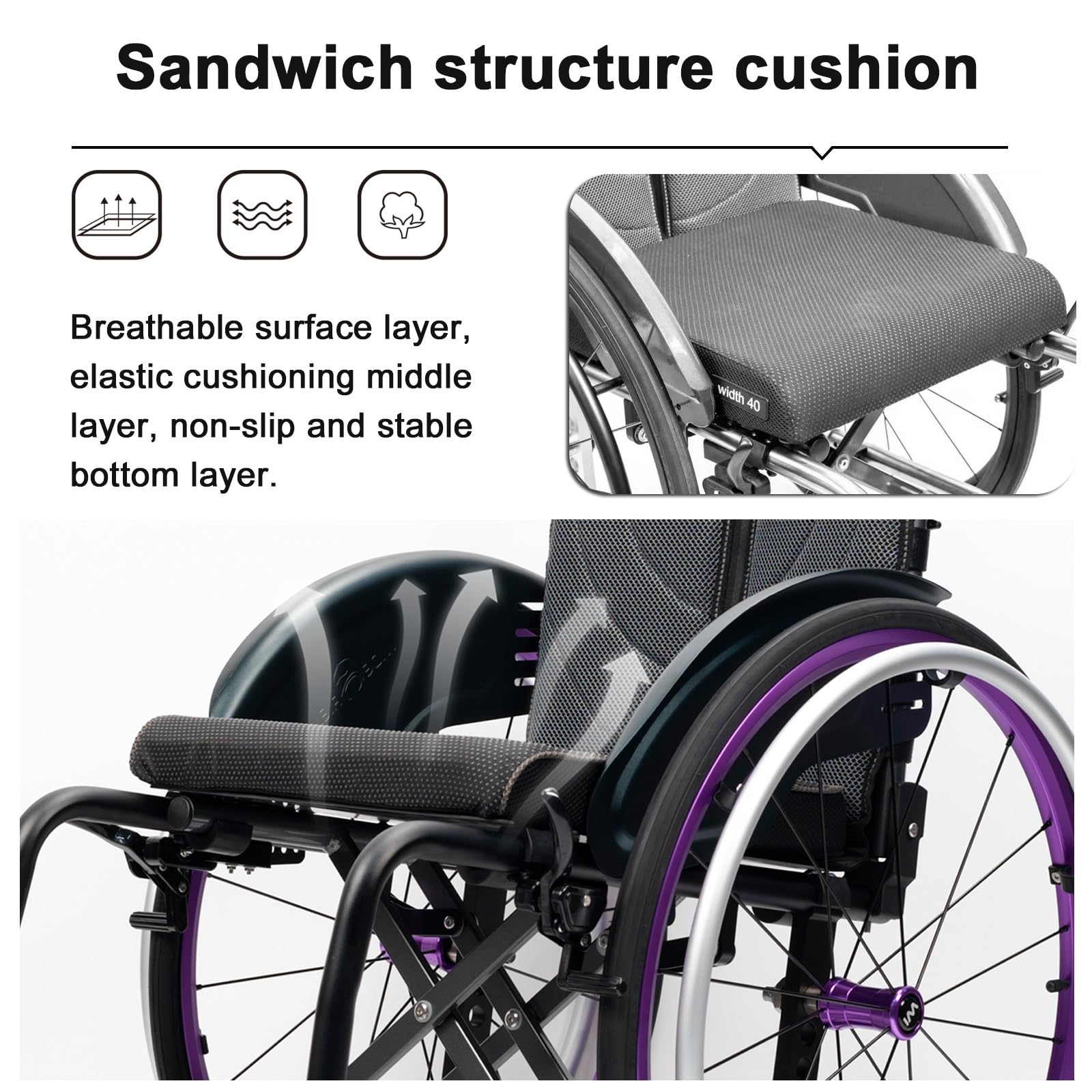 Lekkie składane krzesło ze stopu aluminium dla dorosłych, wyposażone w opony poręcze (szerokość siedziska: 38 cm)