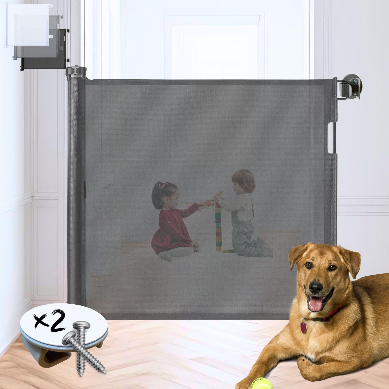 Puerta Retráctil Seguridad Adhesivos o Tornillos -140cm- Barrera Extensible Bebés y Perros - Sin Taladrar. Sin Agujeros - Apta en Escaleras, Puertas, Pasillos (140CM-NEGRO)