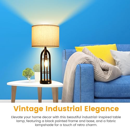 Miniatura 7 de Lámpara de mesa vintage para sala de estar, lámpara de escritorio de granja de tela, lámpara de mesita de noche regulable con puerto de carga USB