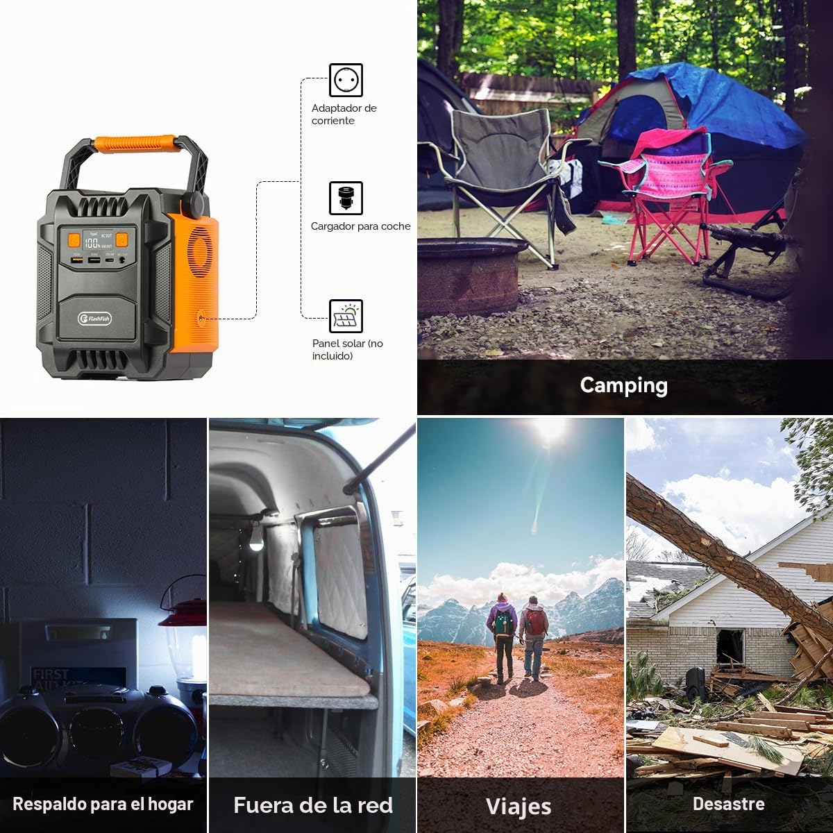FlashFish 200W Estación de energía portátil con panel solar de 100 W, generador solar de 172,8 Wh con iluminación LED, batería para generador de energía de emergencia para camping, aventura