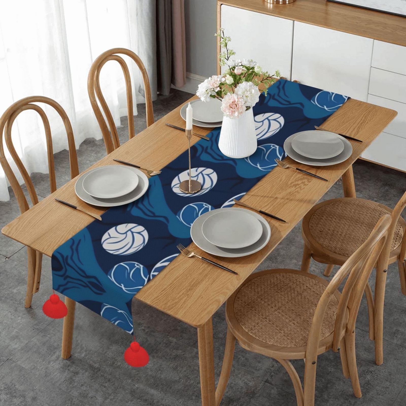 Chemin de table rustique volleyball bleu haut de gamme avec pampilles, décoration d'intérieur