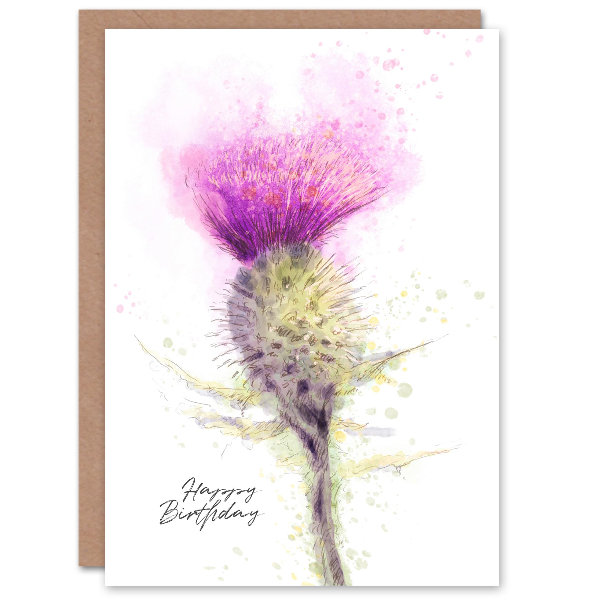 Artery8 Happy Birthday Scottish Thistle Flower Watercolor Birthday Card