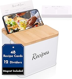 4x6 Recipe Cards and Box Set with Dividers - High-Capacity Tin Recipe Box with Wooden Lid - Includes 48 Double Sided Blank Recipe Cards - Cute and Customizable