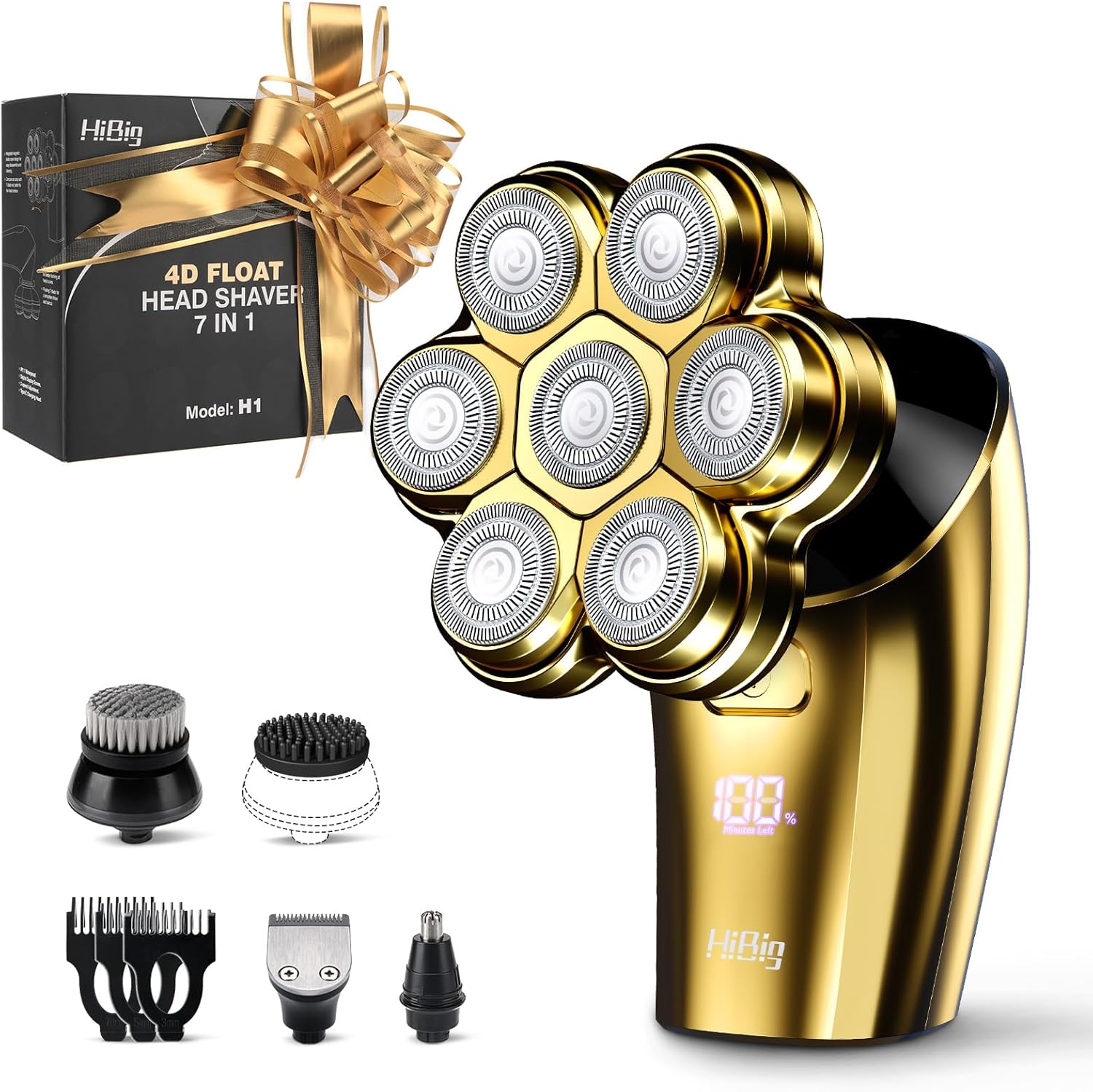 head shavers for bald men - 7d arc electric razor with magnetic detachable head, waterproof wet dry 5-in-1 electric shaving & grooming kit, led display rechargeable head & body hair shaver, gold