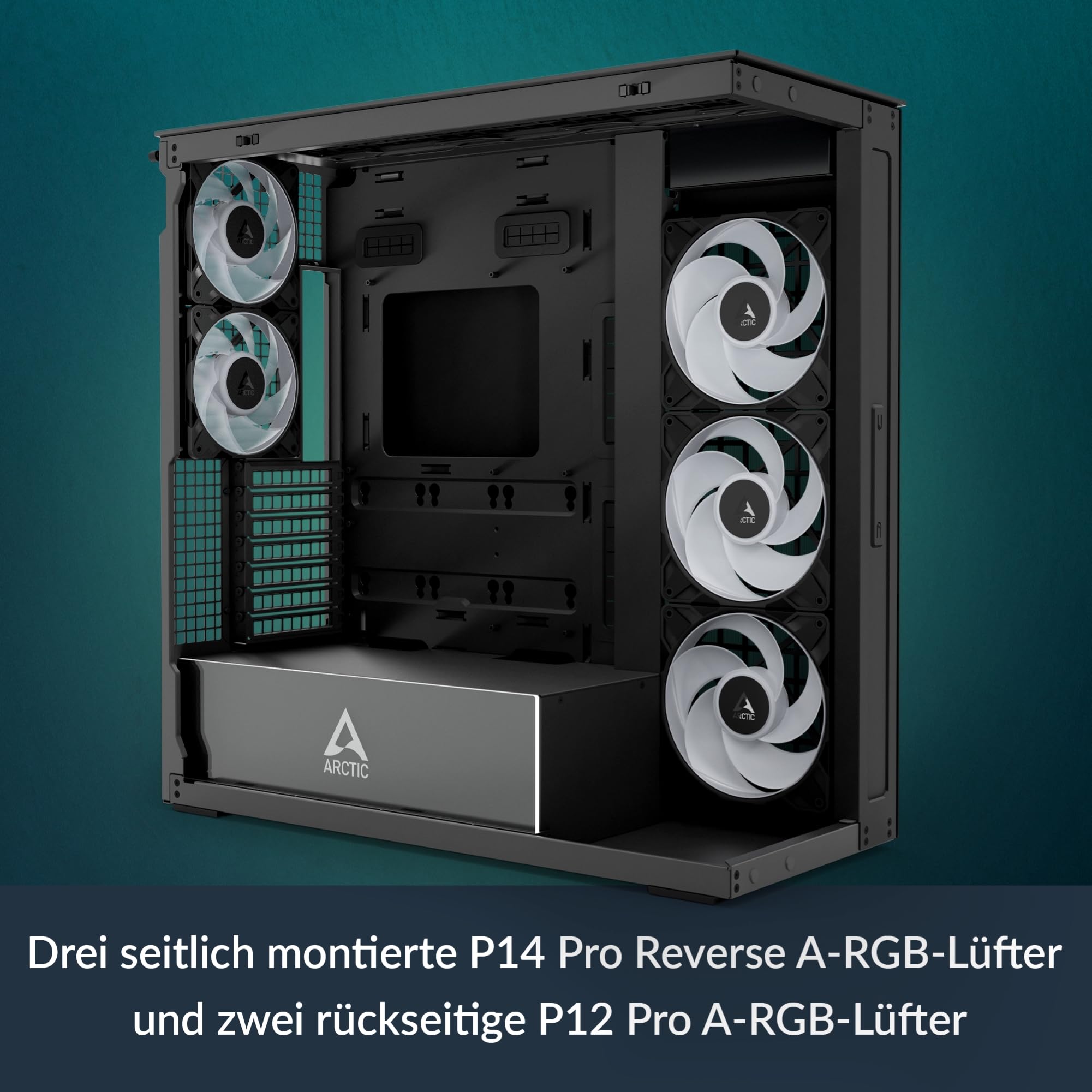ARCTIC Xtender Black (Mirror Glass) - PC-Gehäuse, Verspiegeltes Glas, 2X 420 mm Radiator Support, Full Tower, Big Tower, E-ATX, 5X A-RGB Lüfter vormontiert - Schwarz