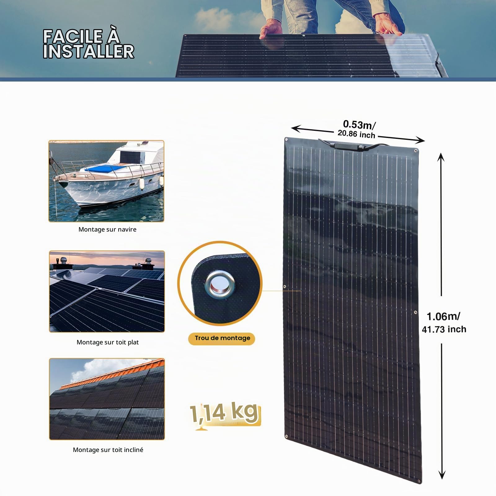 Panneau Solaire Souple XINPUGUANG Panneau Solaire Flexible 100w 12v Photovoltaïque Module Monocristallin pour Camping-car, Maison, Bateau, Jardin,Balcon(Black)