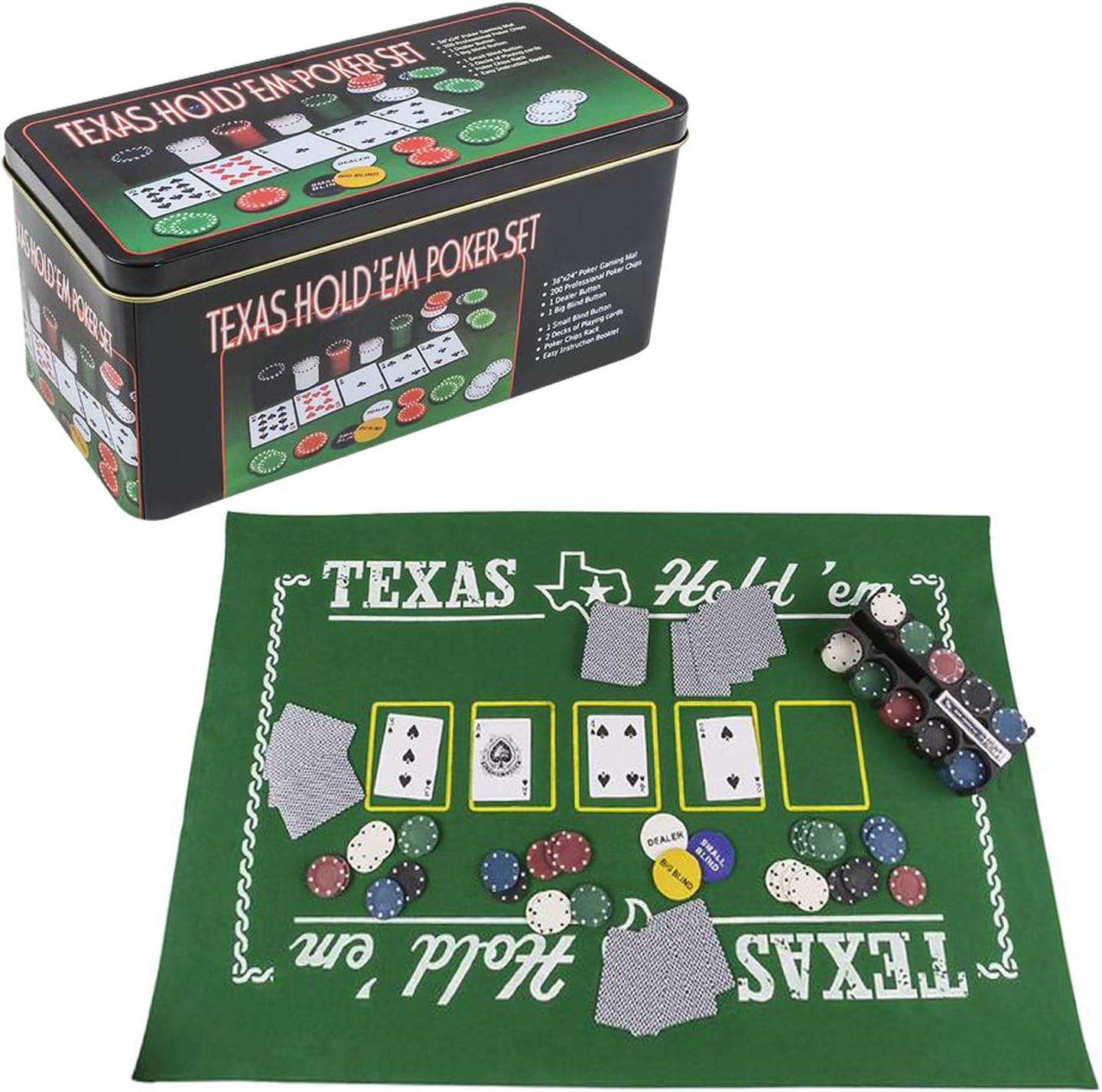 Playko Texas Holdem Poker Set - With Hold’em Poker Mat, 2 Decks of Poker Card, Poker Chips Set, Poker Chip Holder and Tin Poker Case - Texas Holdem Game Supplies - Handheld Casino Game for Kids Adults