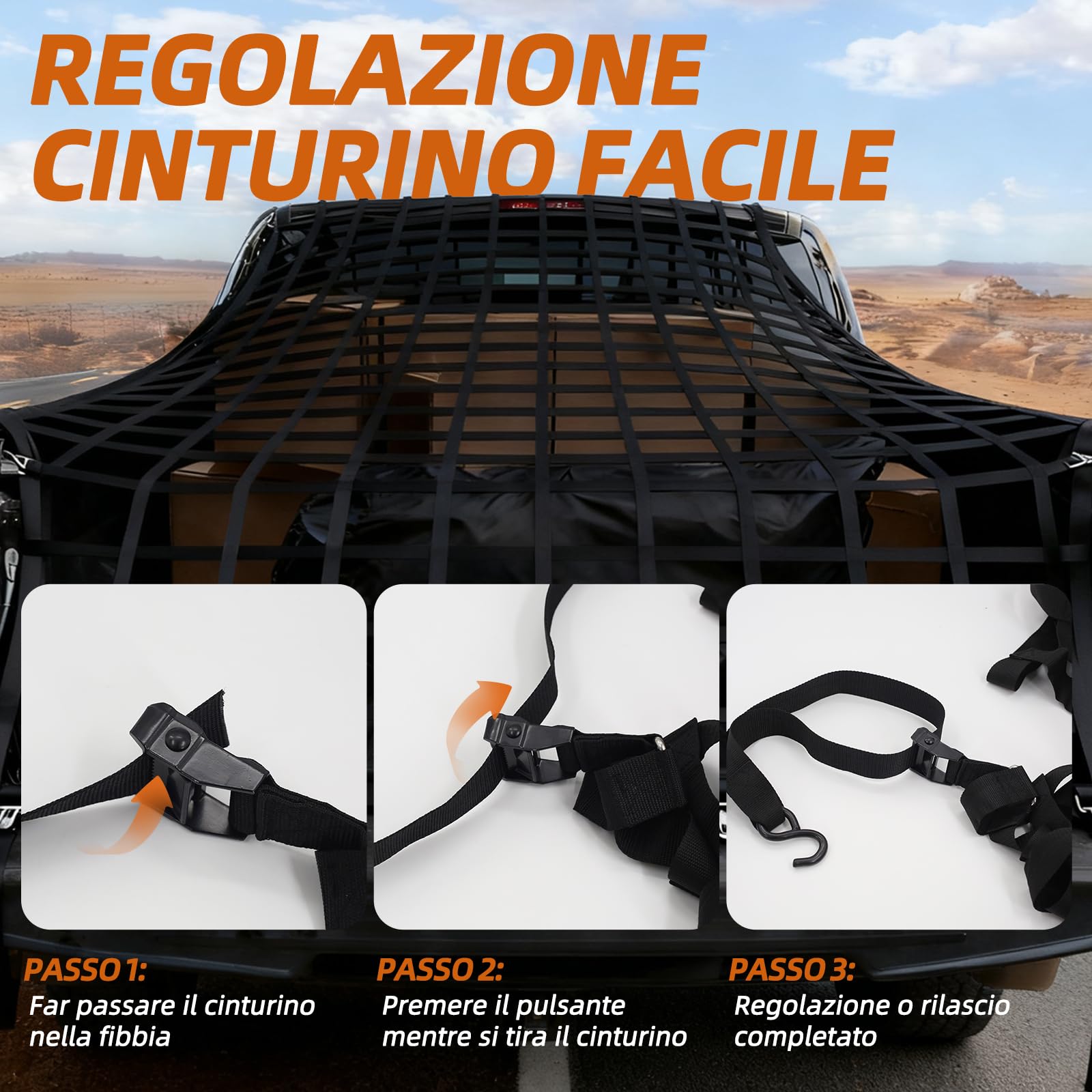 Rete carico 208x127cm – regolabile, 4 ganci & cinghie, per Ducato/Boxer/Jumper