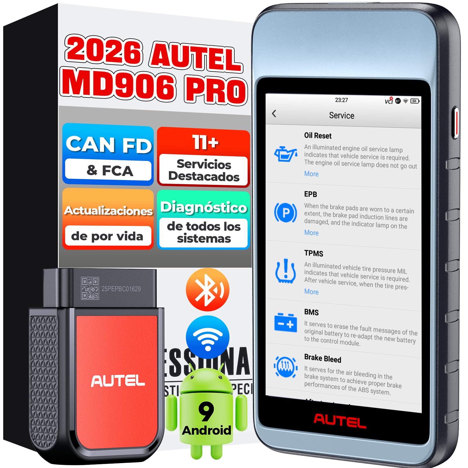 Autel MaxiDiag MD906PRO Diagnosis Coche Multimarca: 2025 Bluetooth Ver. de MaxiCOM MK808S MX808S, Sucesor de MD808PRO MD806 OBD2 Maquina Diagnosis, FCA SGW CAN FD,11 Servicio, Sin Cargo de Suscripción