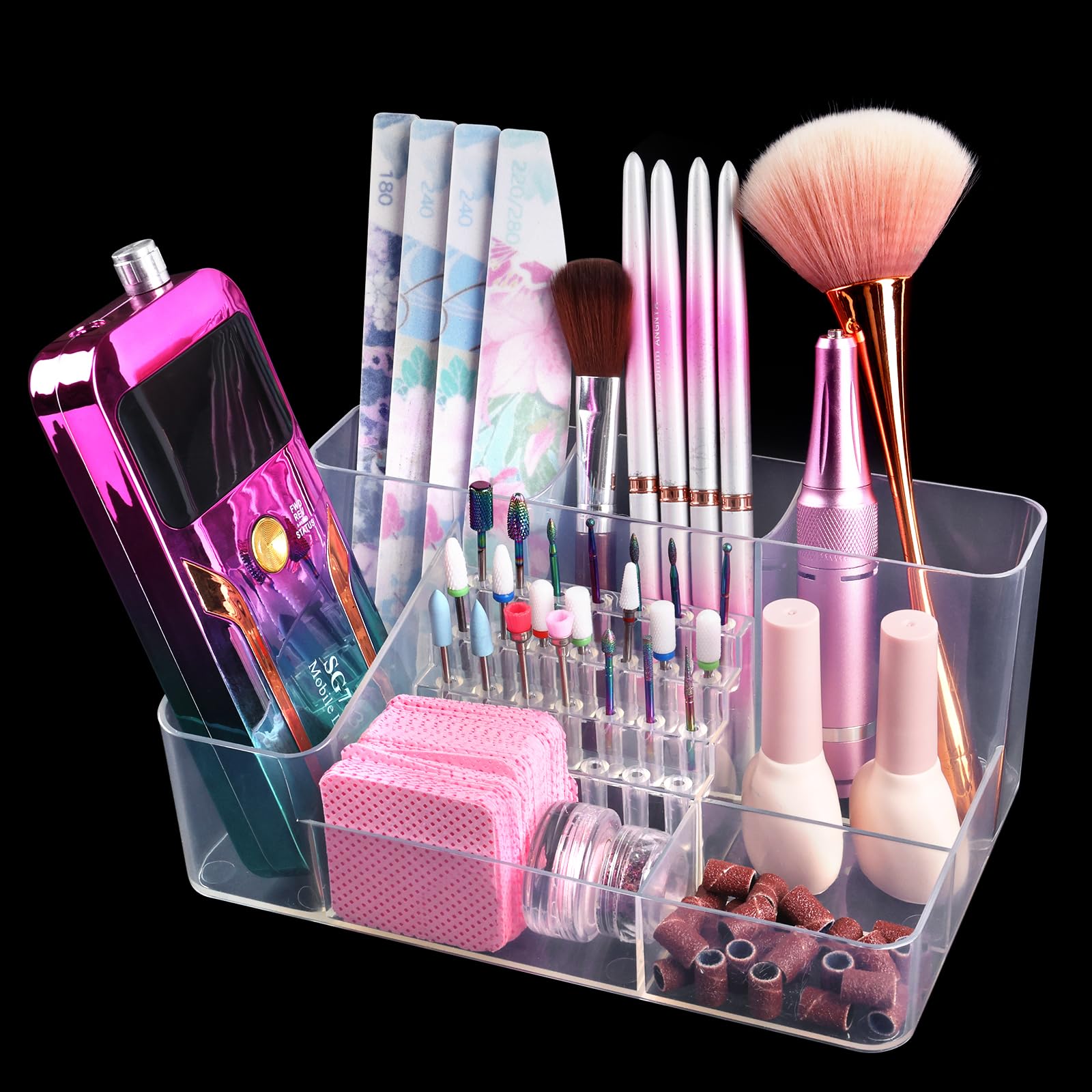 YINGJEE Nail Drill Holder & 28 Holes Nail Drill Bits Holder, Transparent Acrylic Nail Drill Machine Storage Box, Professional Nail Drill Organizer